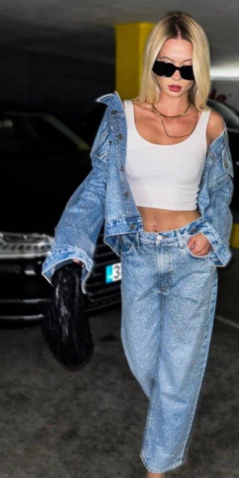 Taşlı Parlak Wide Leg Kadın Kot Jean