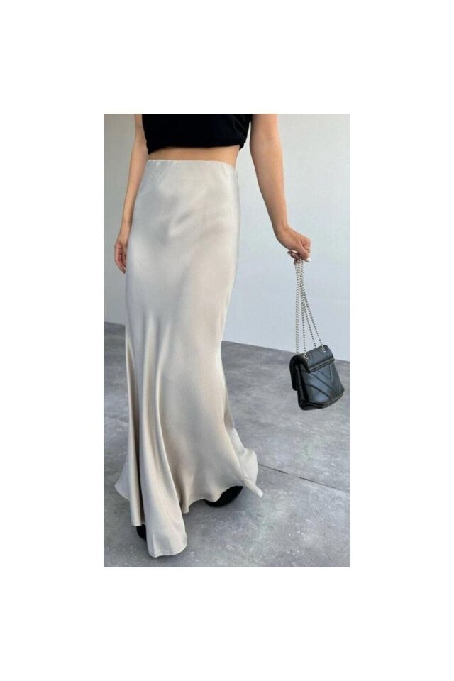 Taş Rengi Beli Lastikli Saten Etek