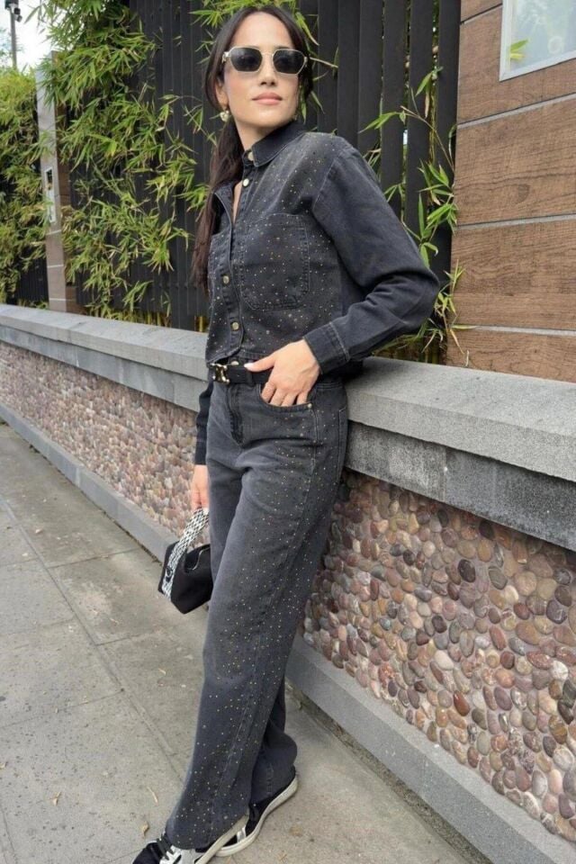 Siyah Taşlı Straight Kadın Jean Pantolon