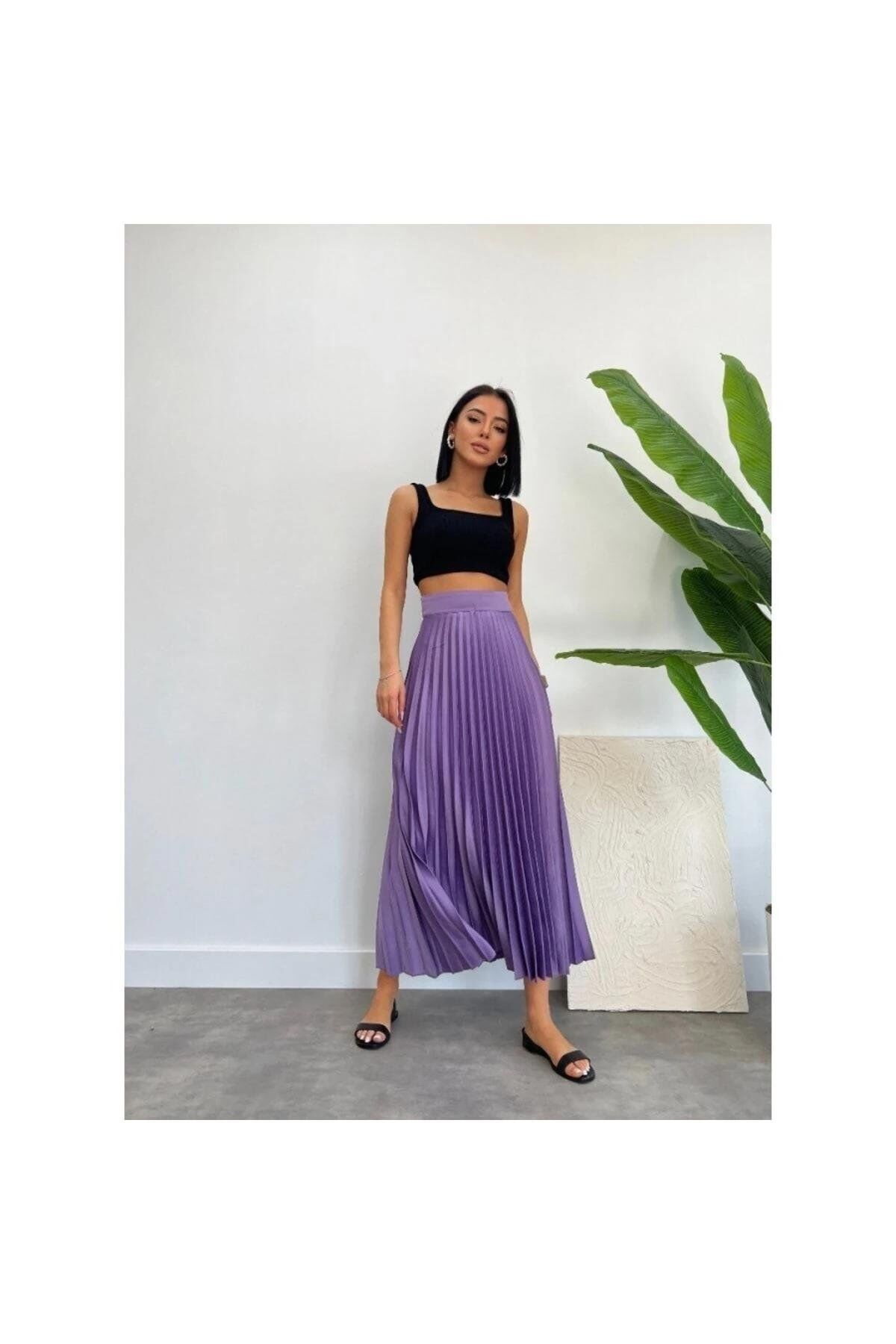 Santana Pilise Saten Maxi Mor Renk Etek