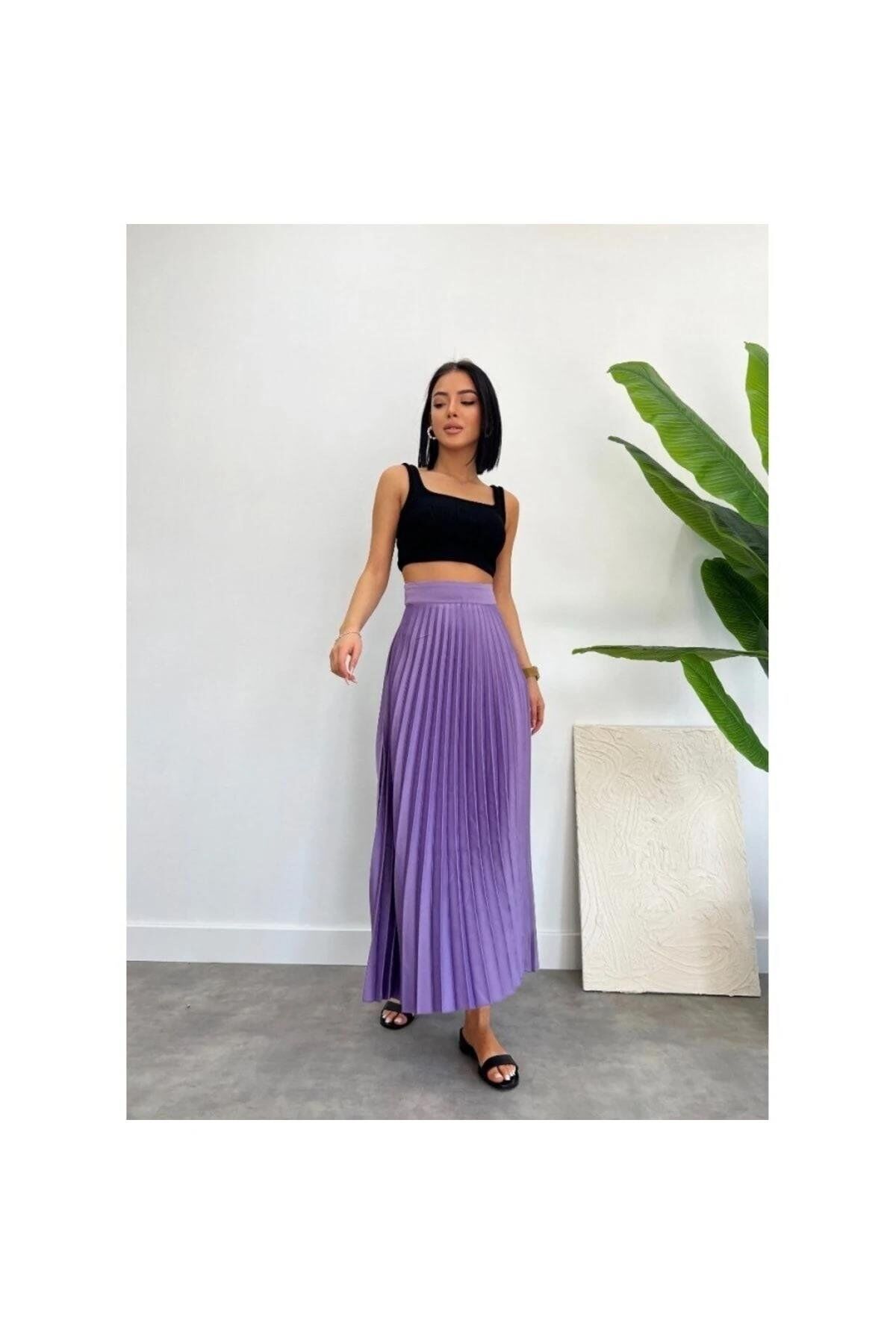 Santana Pilise Saten Maxi Mor Renk Etek