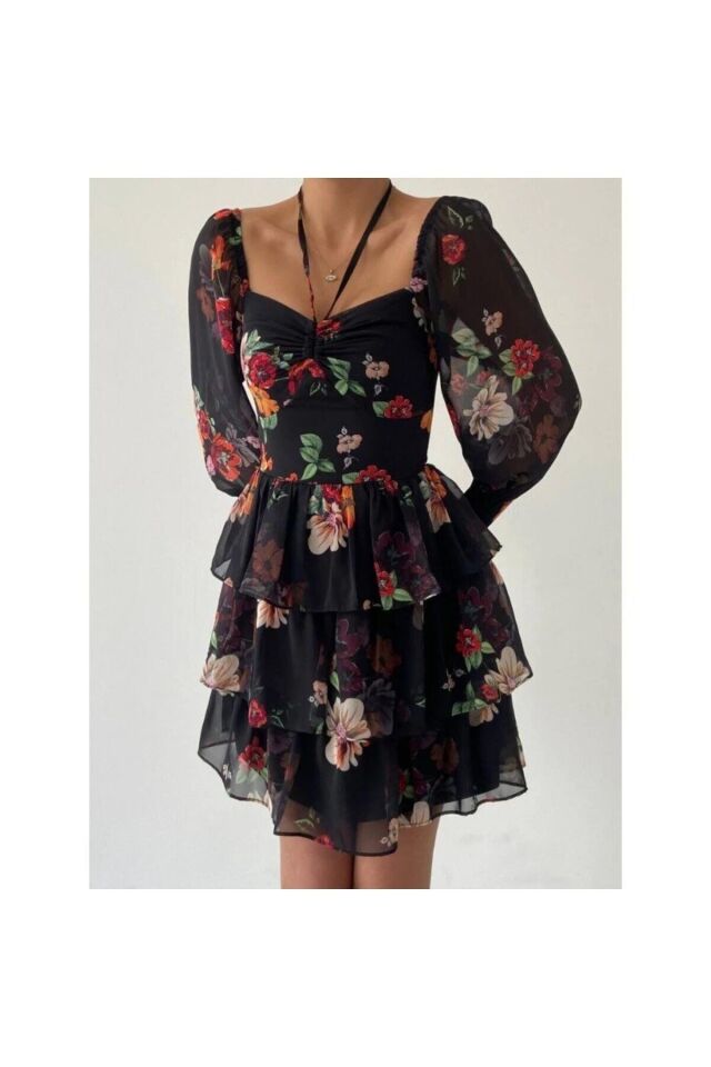 Çiçek Baskı Şifon Astarlı Siyah Elbise