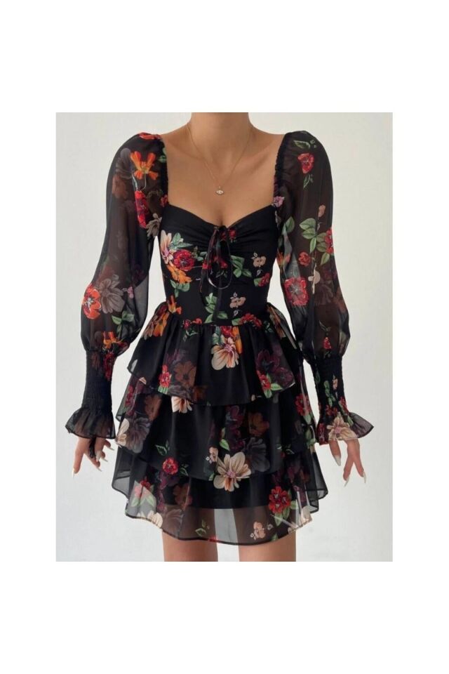 Çiçek Baskı Şifon Astarlı Siyah Elbise