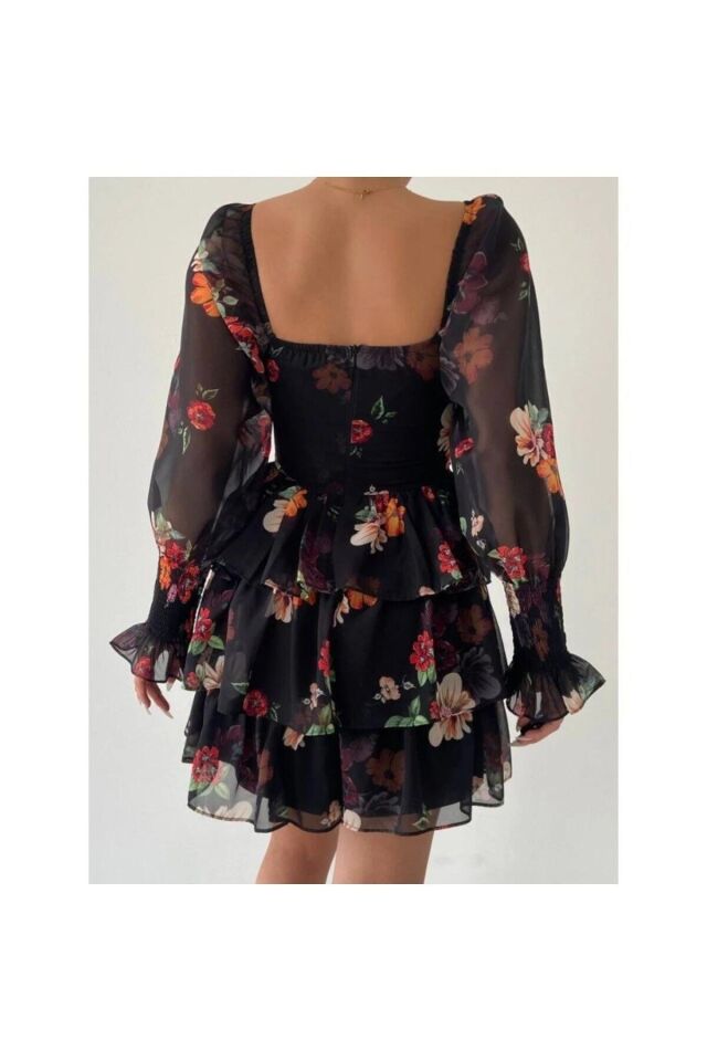 Çiçek Baskı Şifon Astarlı Siyah Elbise