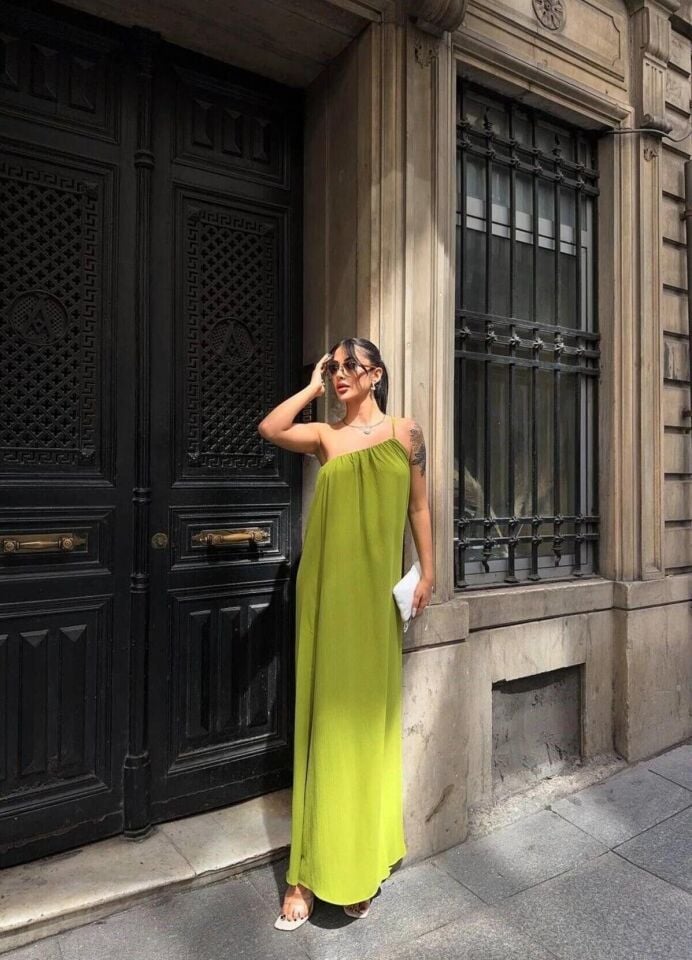 Yeşil Tek Askılı Elbise