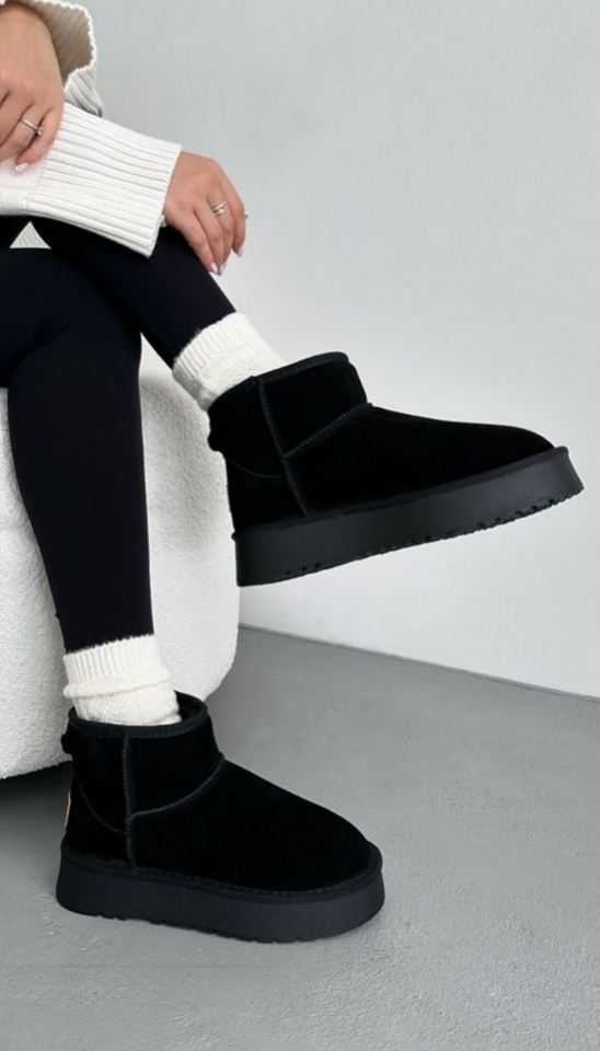 Mini Süet Siyah İçi Kürklü Kalın Taban Kadın Bot