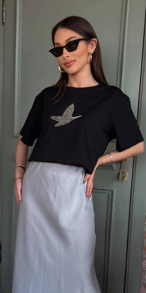 Siyah Kuş Nakış Detaylı Taş İşlemeli Oversıze Tişört
