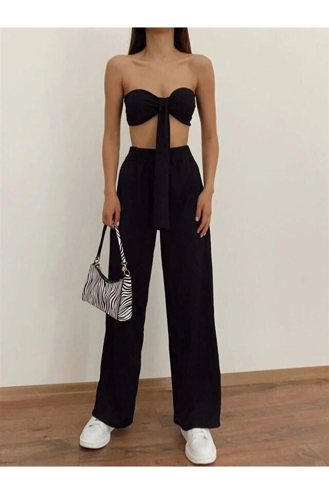 Siyah Crop Pantolon Alt Üst Takım