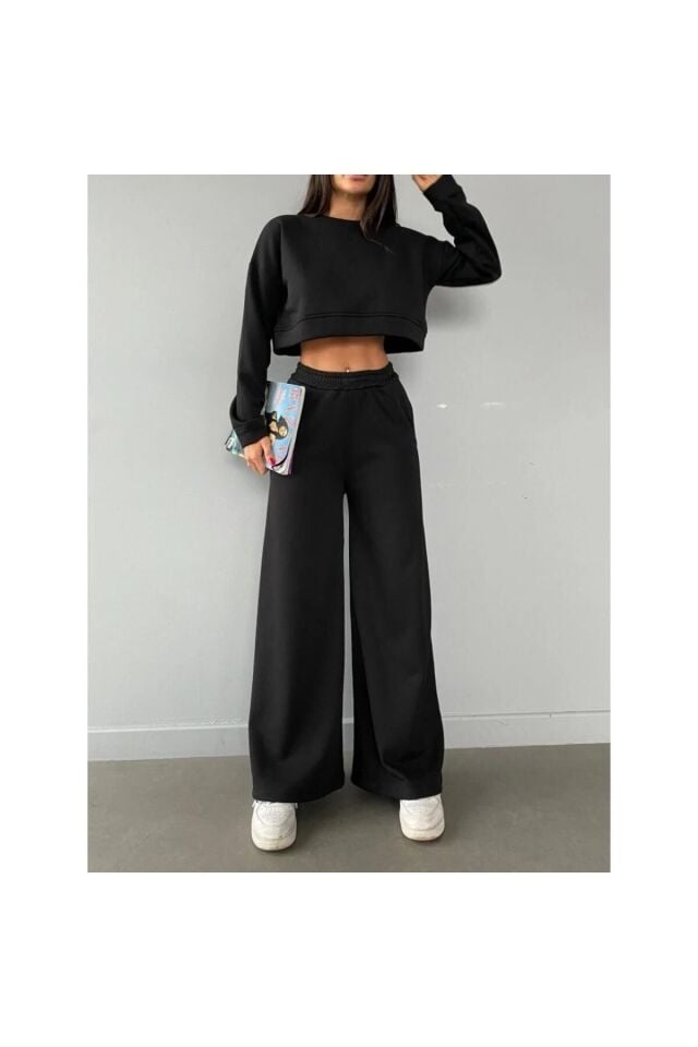 Siyah Crop Ispanyol Paça Alt Üst Takım Eşofman Takım