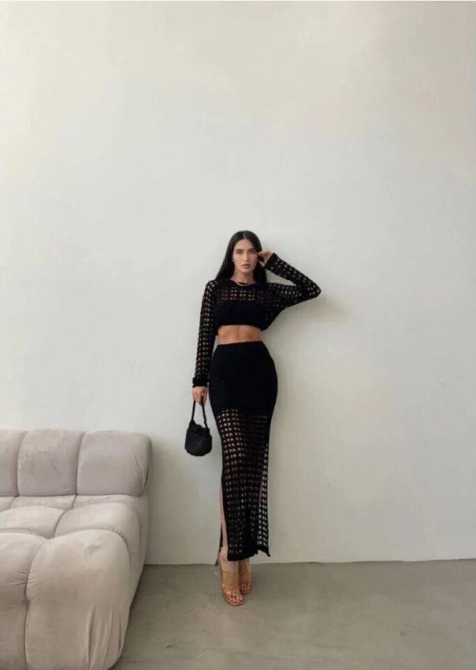 Siyah Ajur Triko Crop Etek Takım