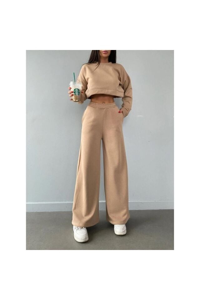 Nude Rengi Crop İspanyol Paça Alt Üst Takım Eşofman Takım