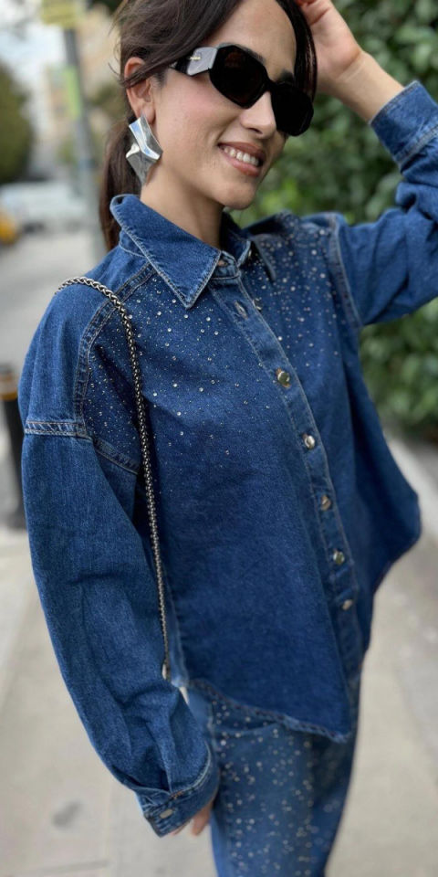 Mavi Zımba Ve Taş Detaylı Denim Gömlek