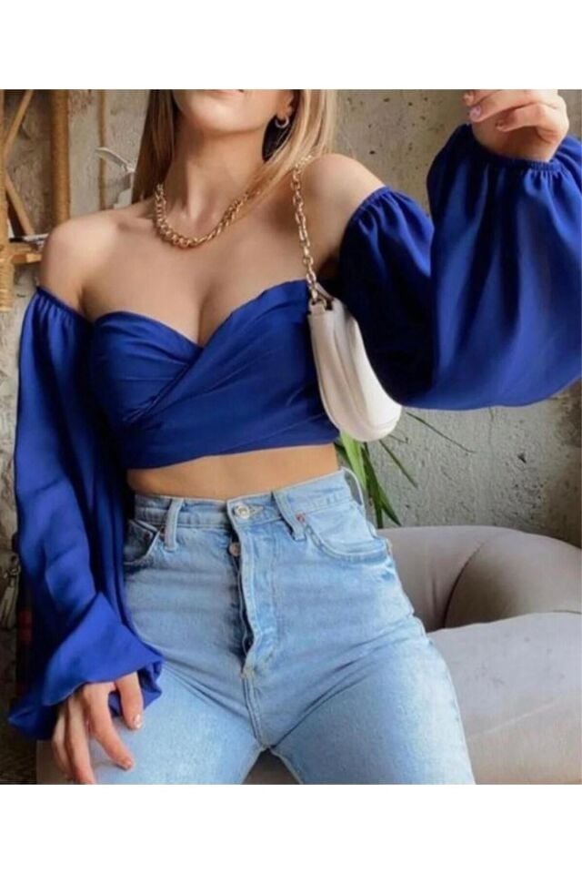 Mavi Arkası Gipeli Crop Top Bluz