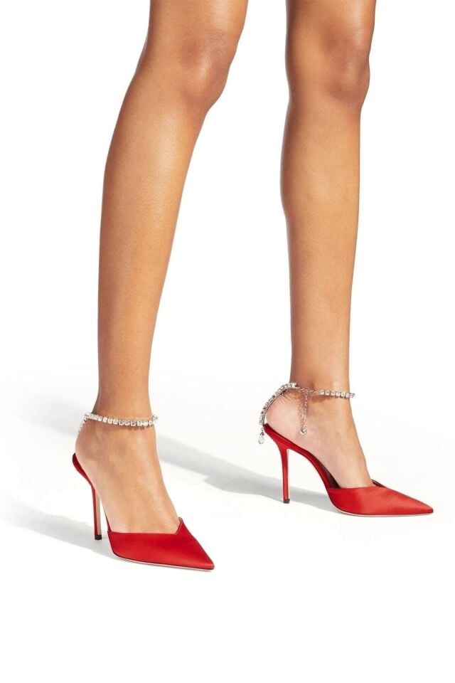 Kırmızı Saten Taş Detaylı Topuklu Ayakkabı