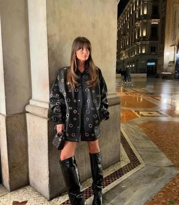 Kuş Gözü Detaylı Tasarım Deri Uzun Ceket