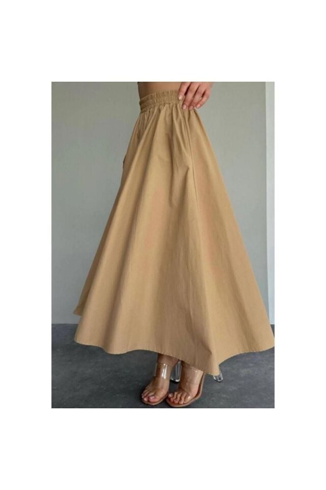 Krem Rengi Beli Lastikli Kloş Etek