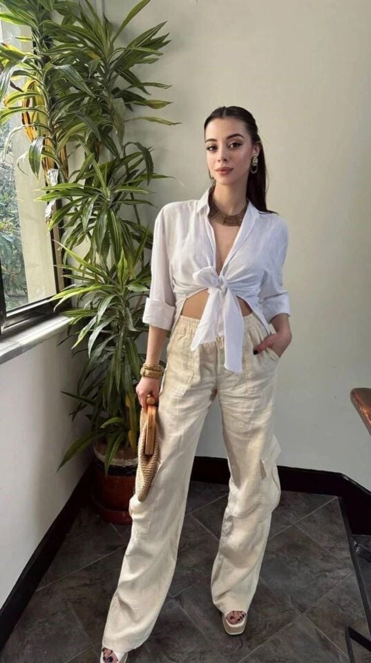 Keten Beyaz Kadın Gömlek