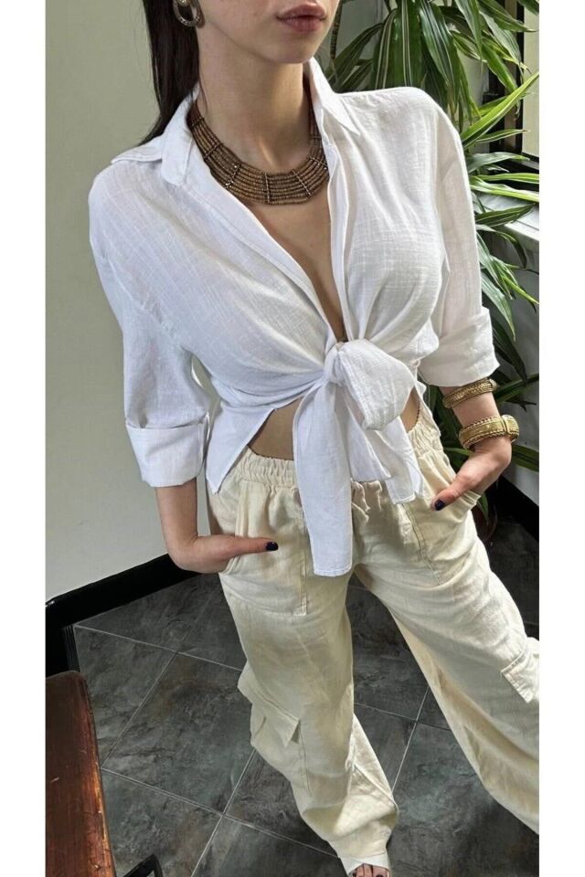 Keten Beyaz Kadın Gömlek