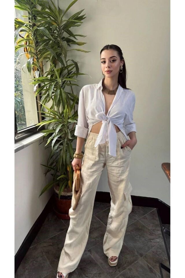 Keten Beyaz Kadın Gömlek