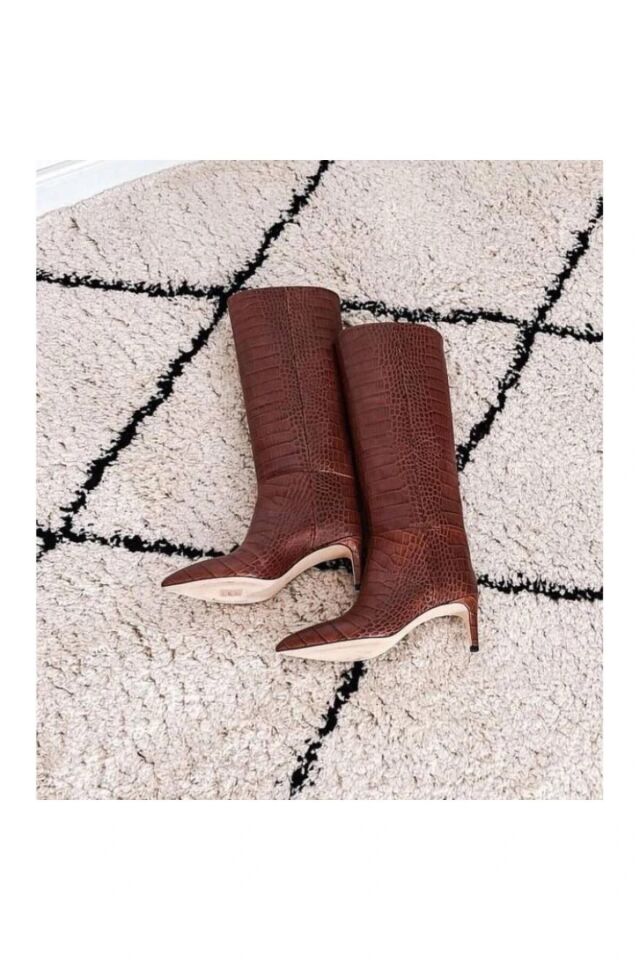 Kahverengi Kroko Desenli Deri Çizme