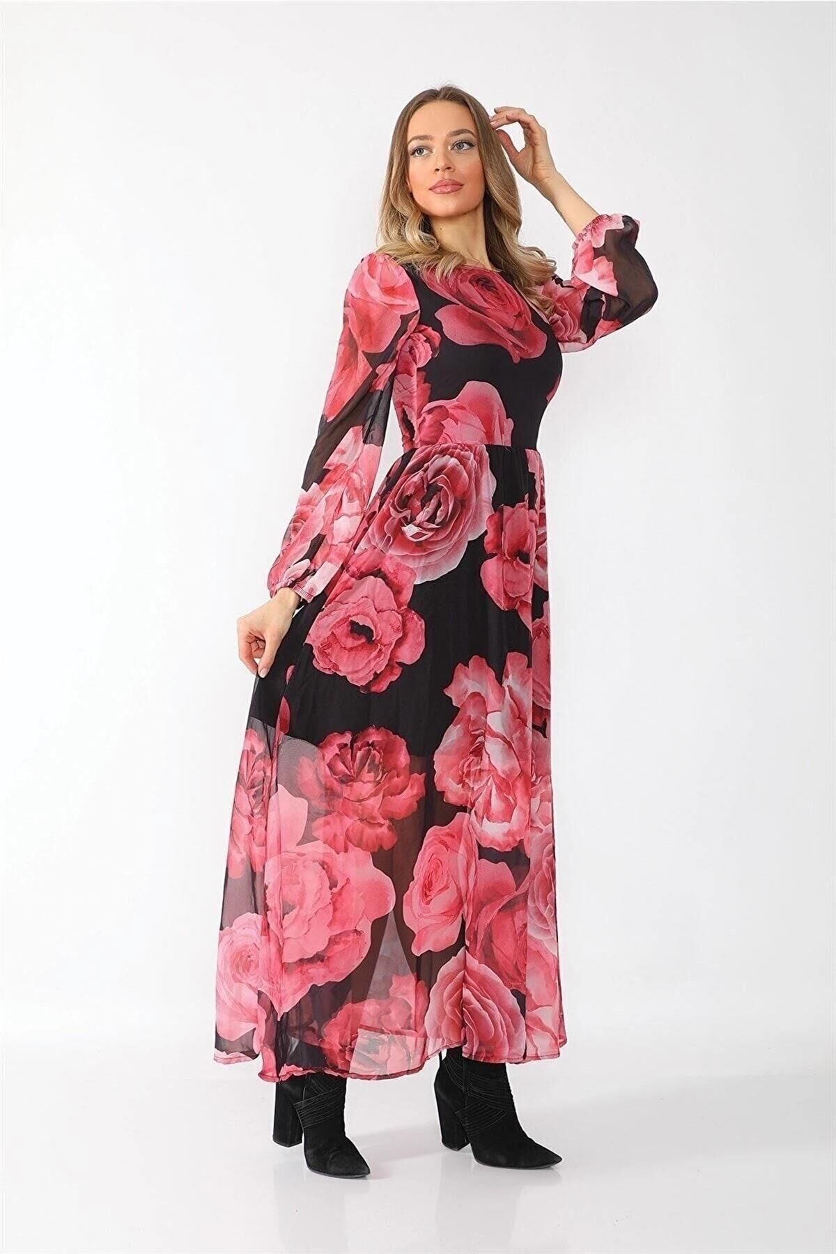 Kadın Çok Renkli Desenli Astarlı Dokuma Uzun Elbise