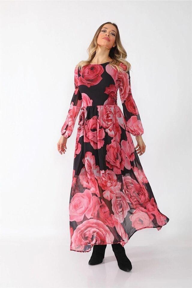 Kadın Çok Renkli Desenli Astarlı Dokuma Uzun Elbise