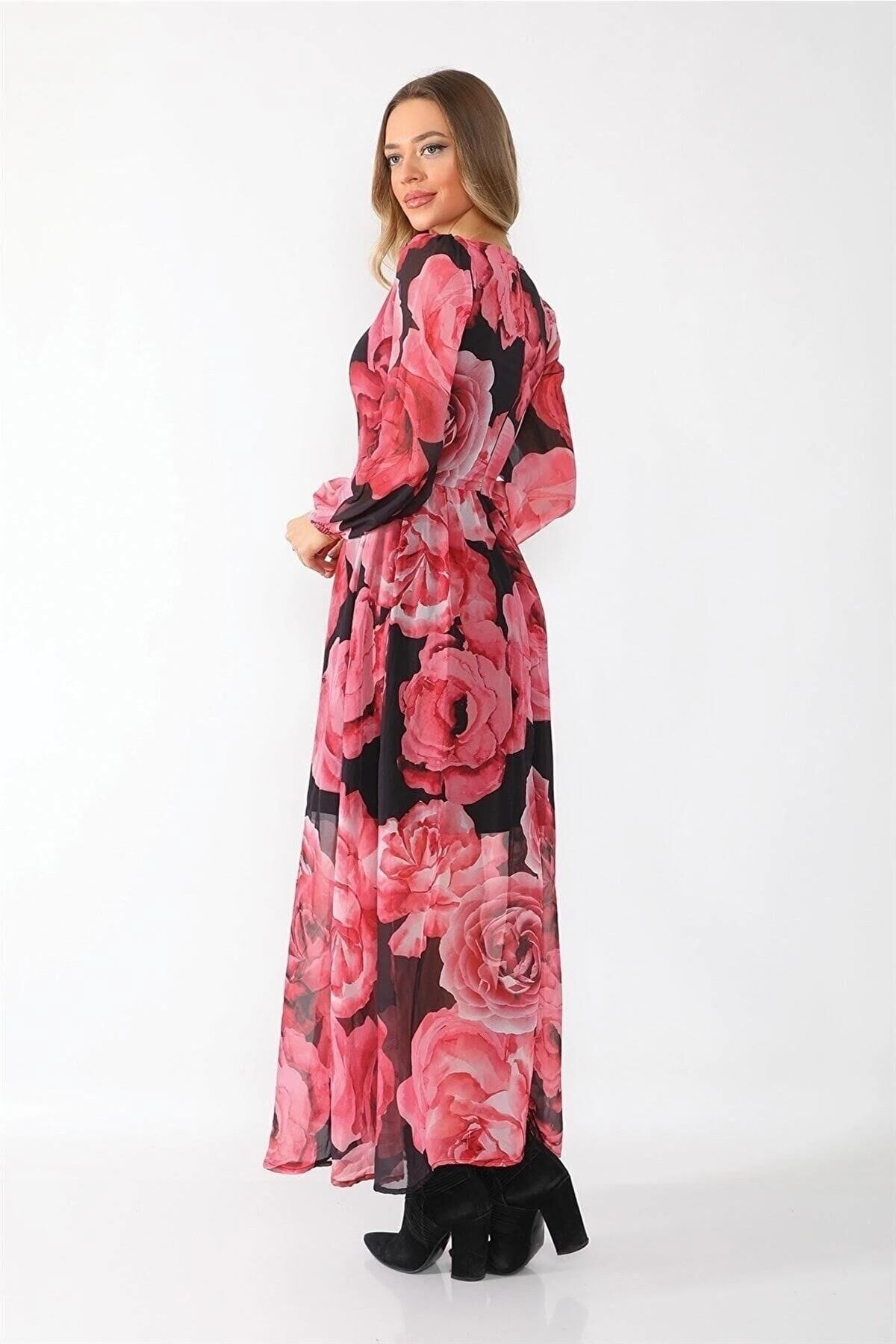 Kadın Çok Renkli Desenli Astarlı Dokuma Uzun Elbise