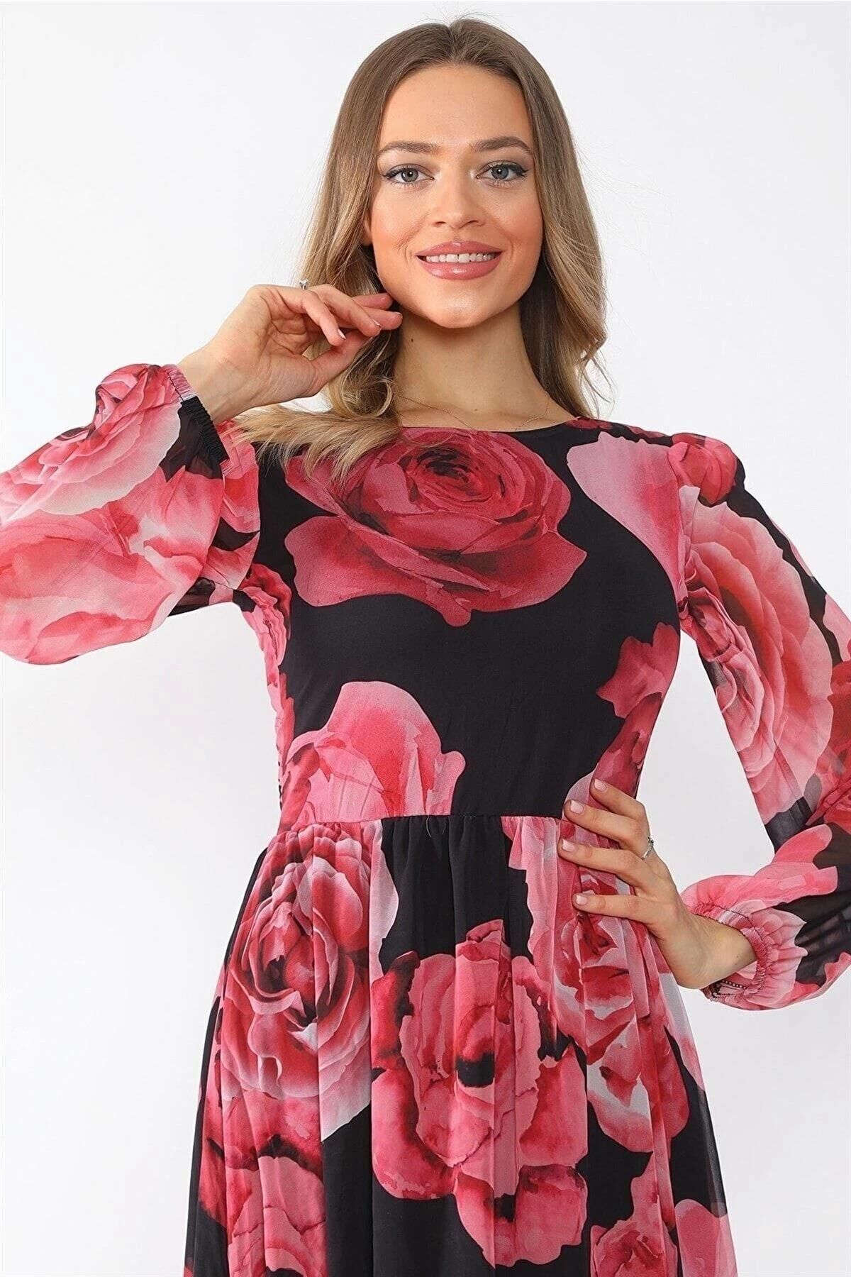 Kadın Çok Renkli Desenli Astarlı Dokuma Uzun Elbise