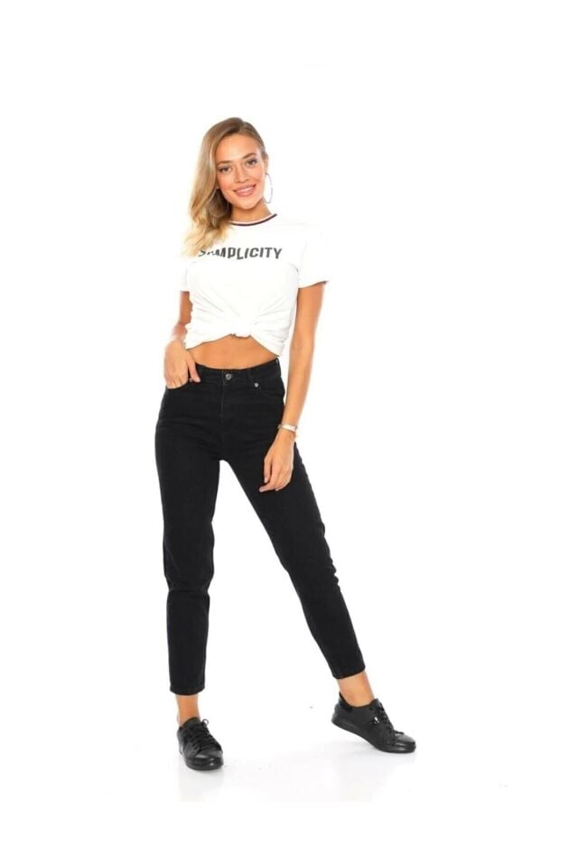 Kadın Siyah Mom Jeans Yüksek Bel Jeans Kot Pantolon