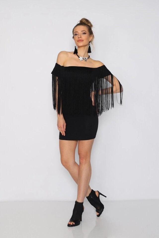 Kadın Omuz Dekolteli Püskül Detaylı Mini Siyah Elbise PRA-377619-720322