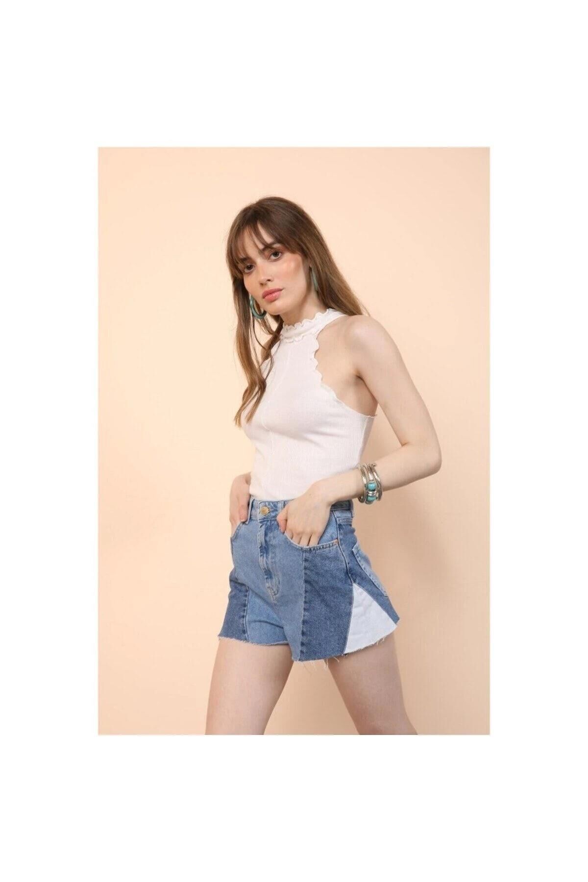 Kadın Mavi Bloklu Jean Kot Şort