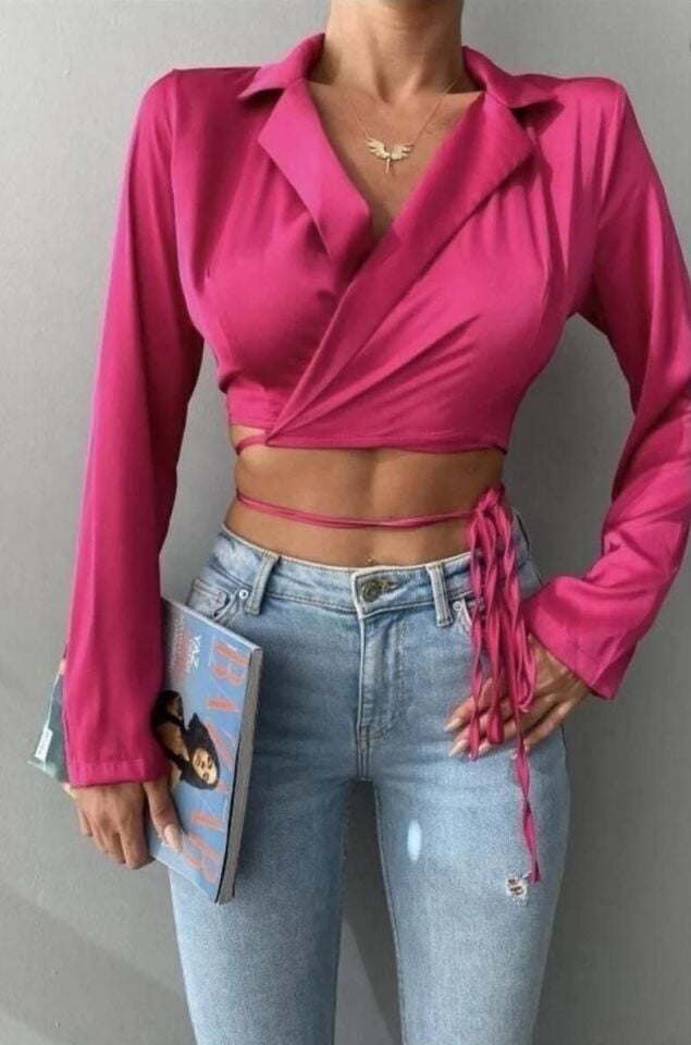 Kadın Fuşya Pembe İp Bağlamalı Gömlek