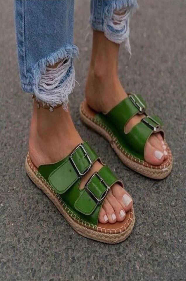 Kadın Deri Yeşil Blint Tokalı Terlik