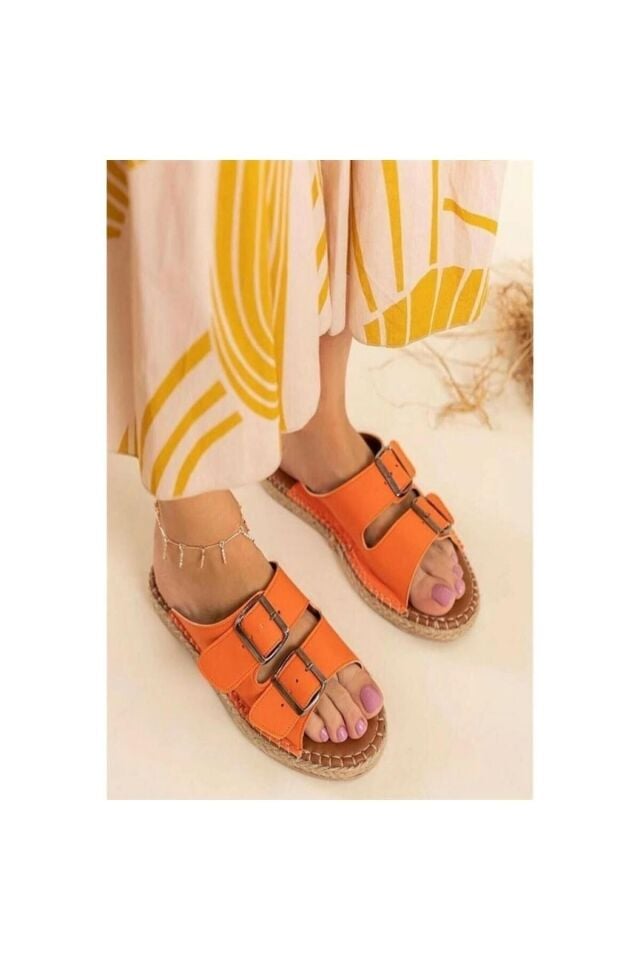 Kadın Deri Turuncu Blint Tokalı Terlik