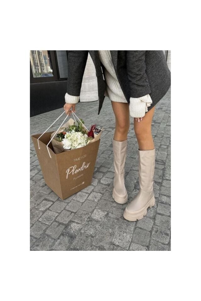 Jade Bej Mat Diz Altı Kalın Taban Kadın Çizme