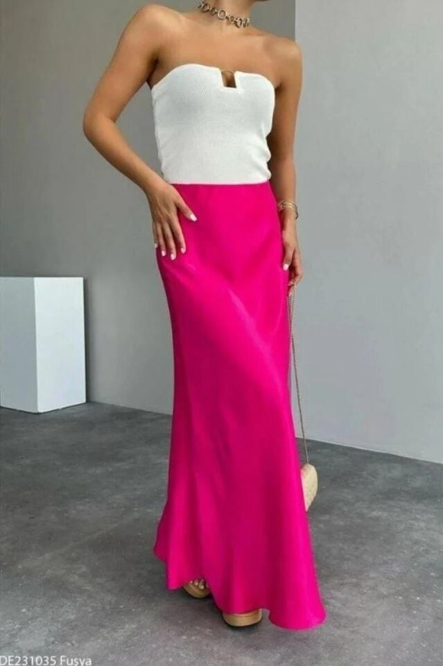 Fuşya Beli Lastikli Saten Etek