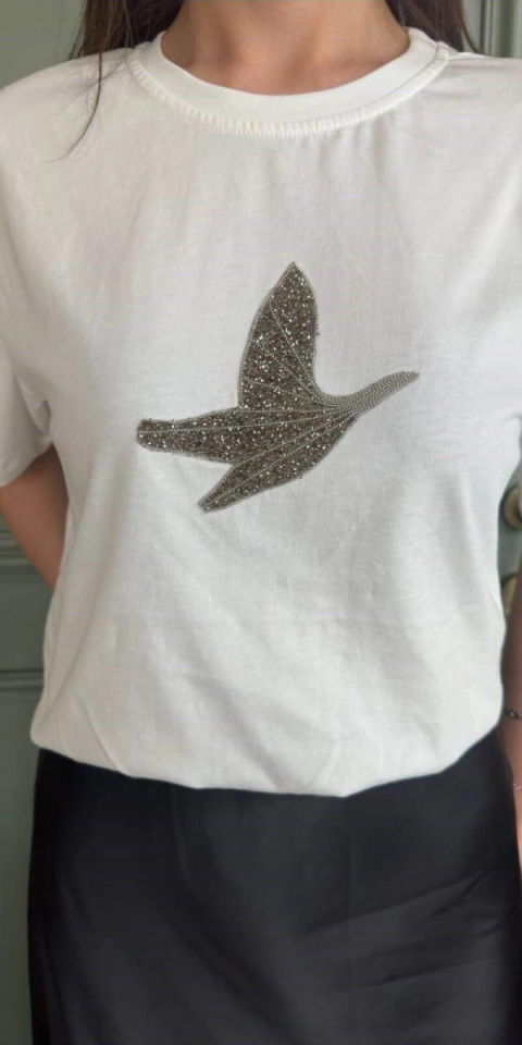 Beyaz Kuş Nakış Detaylı Taş İşlemeli Kadın Oversize Tişört