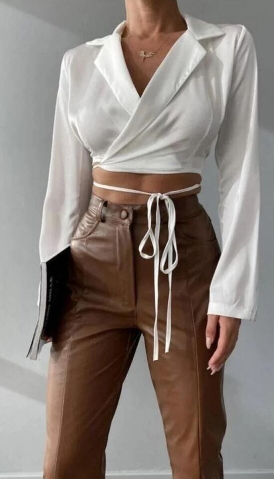 Beyaz İp Bağlamalı Saten Gömlek