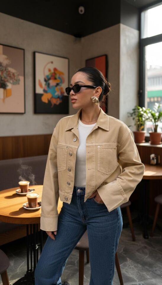 Bej Kolları Katlamalı Detaylı Crop Ceket