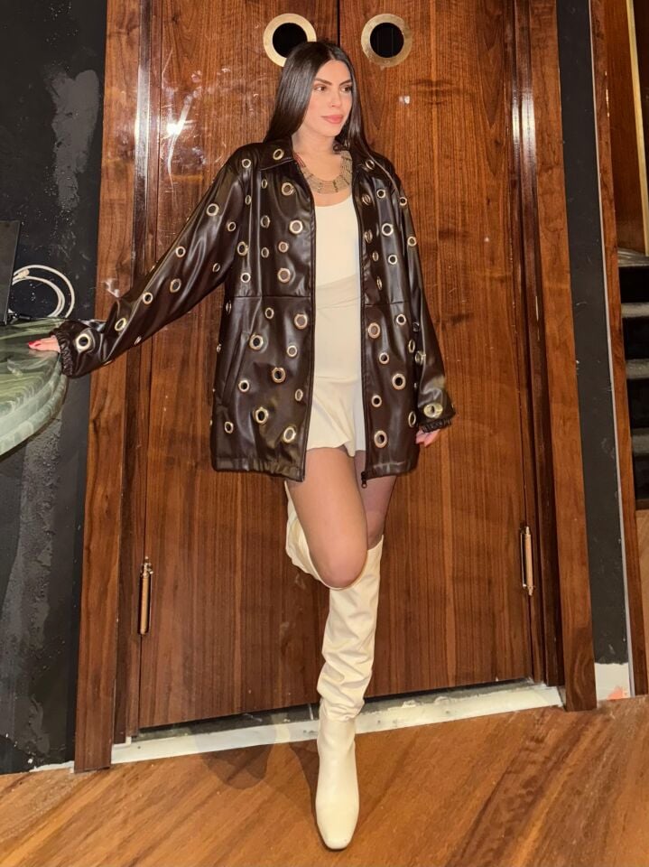 Kahverengi Kuş Gözü Detaylı Tasarım Deri Uzun Ceket