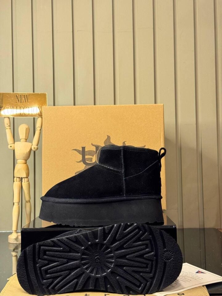 Mini Platform Premium Deri Siyah Kürklü Kadın Bot